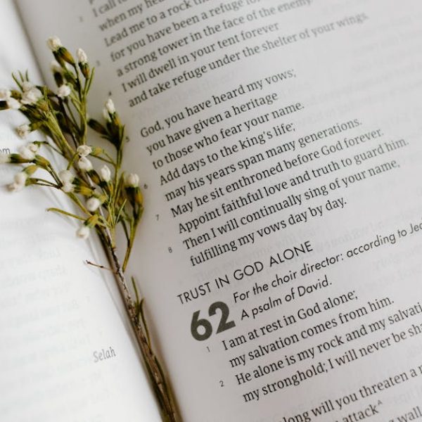 A close-up of an open Bible page with scripture and delicate white flowers.